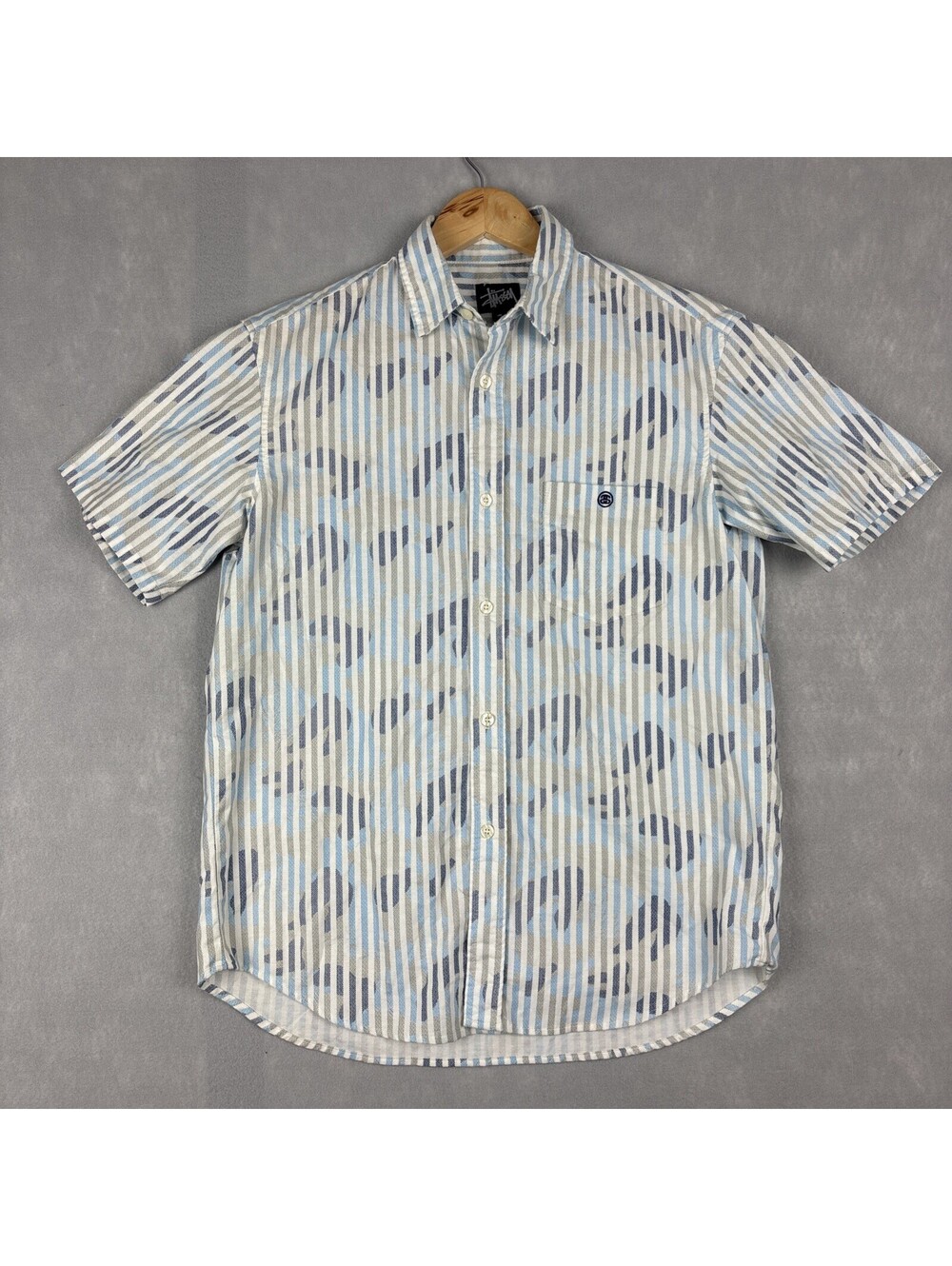 Vintage Stussy Short Sleeve Button Up Shirt Mens Small Blue Striped Camo USA - Picture 2 of 9